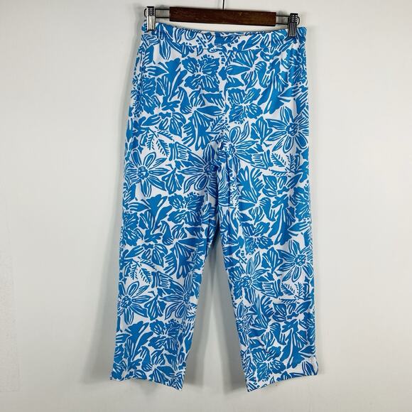 Talbots Size 2 Petite Tropical Floral Print Crop Pants Blue White Cotton Blend - Picture 1 of 4